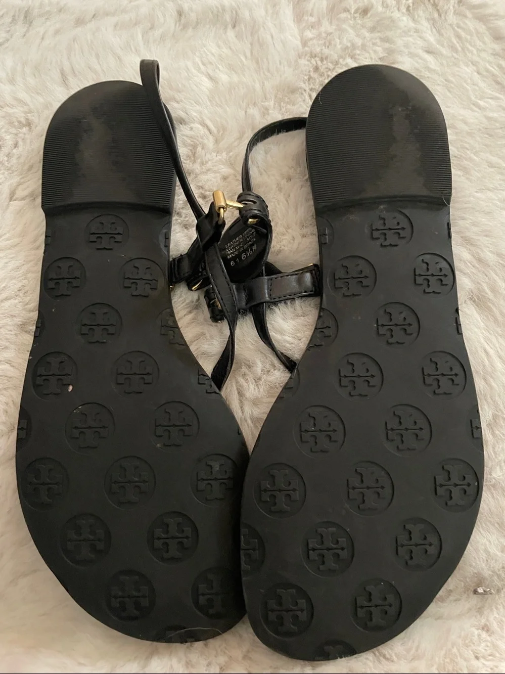 Tory Burch Black Leather Sandals with Gold Logo Medallions 6.5